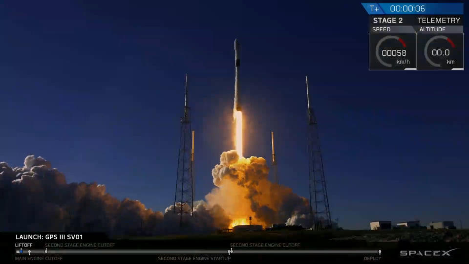 A SpaceX Falcon 9 rocket carrying the new GPS III SV01 navigation satellite for the U.S. Air Force lifts off from a pad at the Cape Canaveral Air Force Station in Florida on Dec. 23, 2018. <cite>SpaceX</cite>